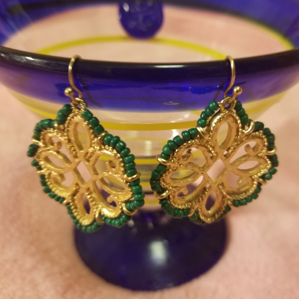 Goldtone with Green Beads Earrings